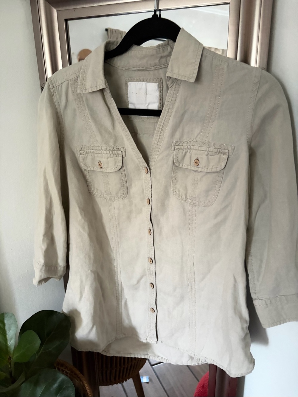 Linen Cotton Button-Up Shirt – Neutral Beige/Taupe